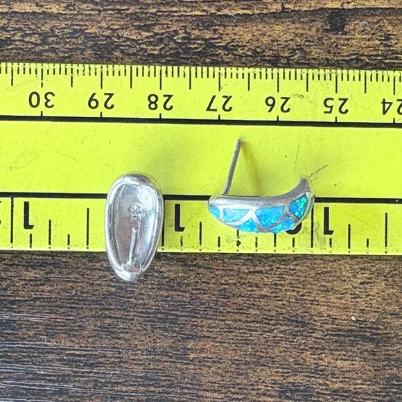 VTG Sterling Silver 925 Blue Opal Crescent Hoop Earrings Size 0.75" Length - Picture 6 of 7